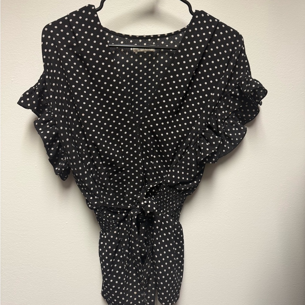 Max Studio Black and White Polka Dot Tie-Front Blouse